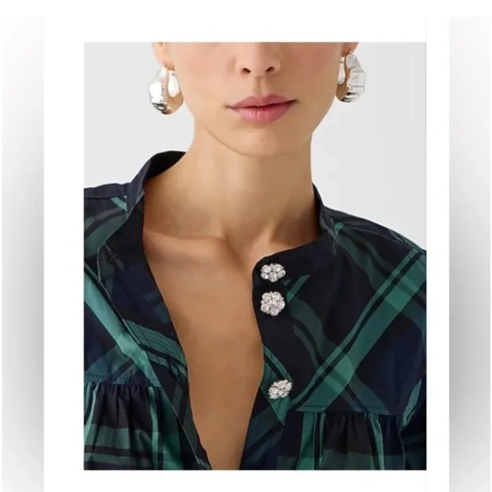 NWT J. Crew Women’s Fresco Top with Jewel Buttons Black Watch Tartan Holiday - Picture 4 of 10